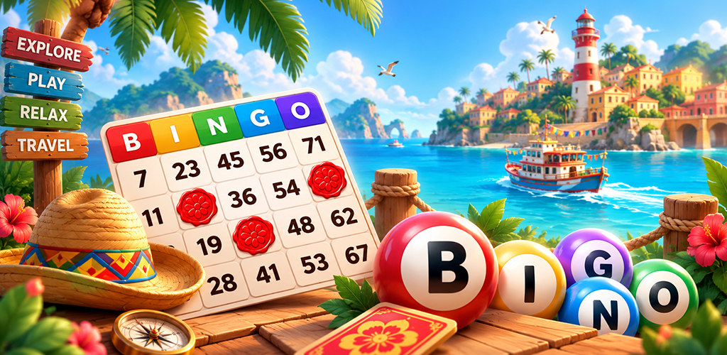 Cartón de Bingo frente a una bahía tropical con un faro y un barco